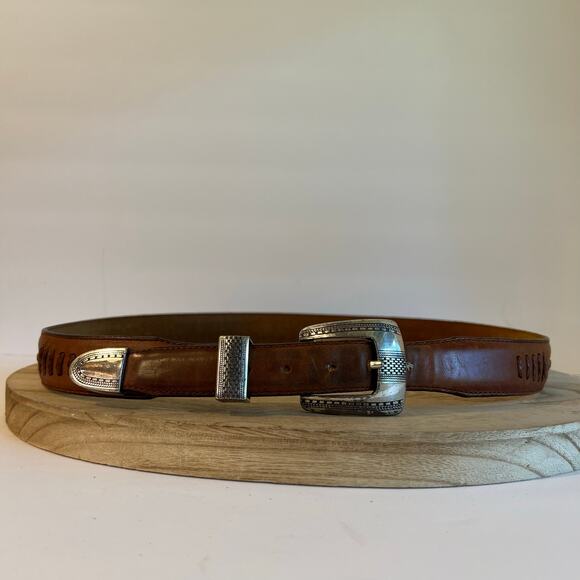1993 Brown Genuine Leather Woven Silver Tipped USA Made Belt Size Large - Picture 1 of 14